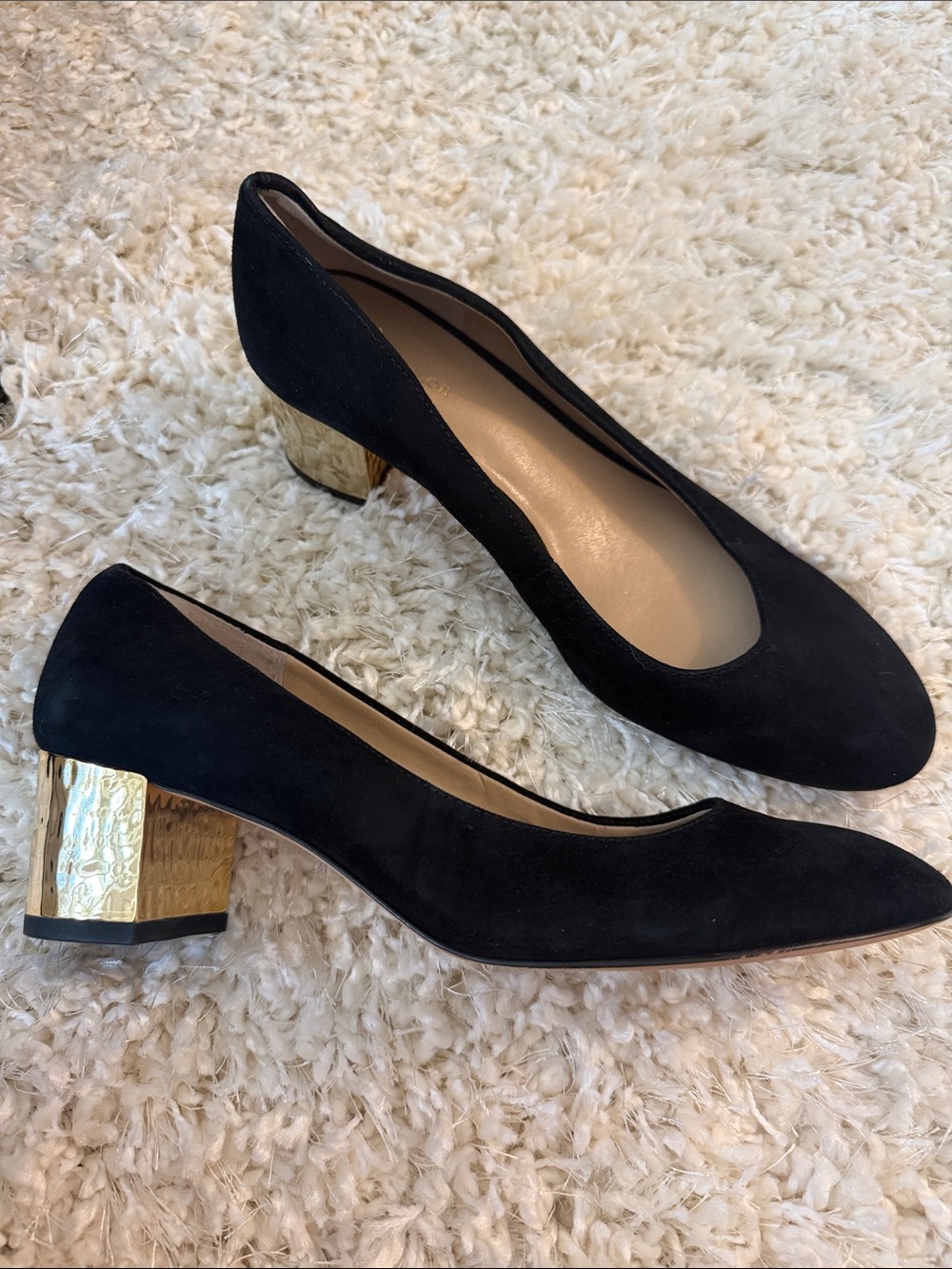 Ann Taylor Black Suede Pumps with Gold Textured Block Heel